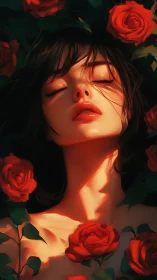 Digital portrait shows closed‑eye woman framed by red roses