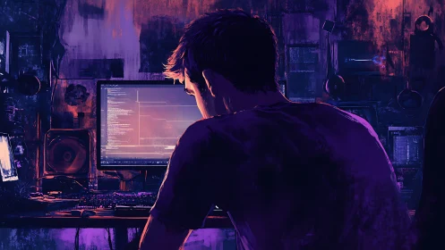 Midnight coder bends neon shadows into quiet algorithms