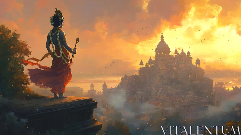 Divine figure overlooks golden temple city at blazing sunset