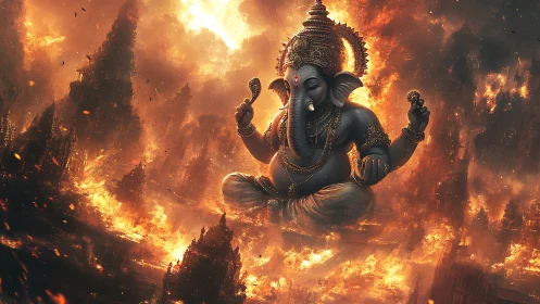 Ganesha statue floating above burning fantasy cityscape.