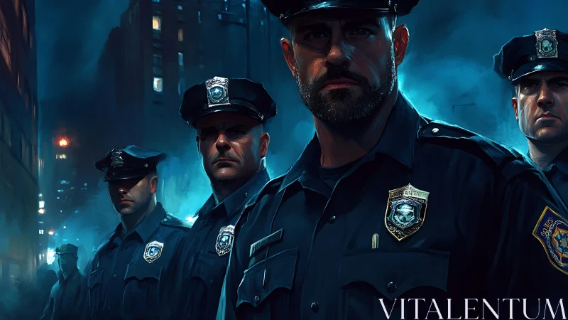 Night patrol officers under cinematic blue city lights.