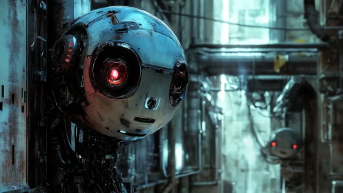 Spherical surveillance robot with red optical sensor observes corridor