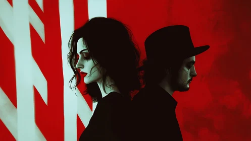 Two stylized profiles stand back to back against red background