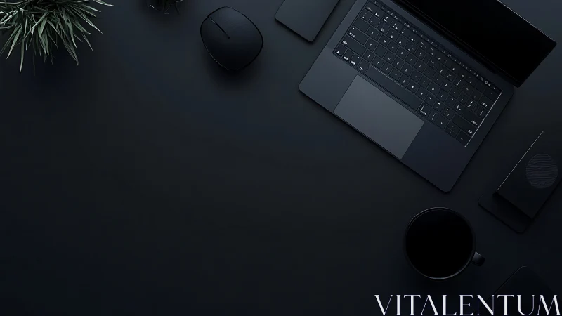 Monochrome workspace layout with laptop and peripherals.