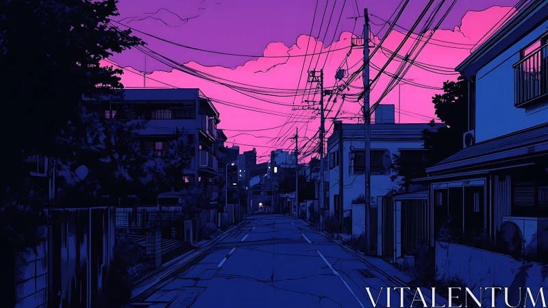 Neon dusk settles over a quiet suburban street in solitude