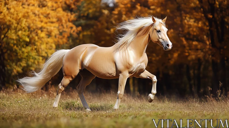 Palomino horse in suspended canter across autumn meadow.
