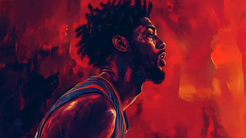 Flame-lit courtside profile of a focused basketball warrior.