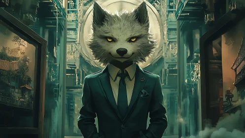 Sharp suited wolf-headed figure commands a moody neon hall