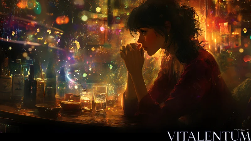 Woman seated at bar counter amid diffuse colored lights.