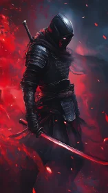 Armored cyber-ninja framed in dramatic red and cyan haze