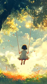 Golden afternoon swing over a sunlit wildflower meadow.