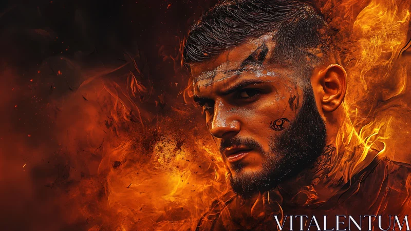 Intense warrior portrait emerges from swirling fiery flames.