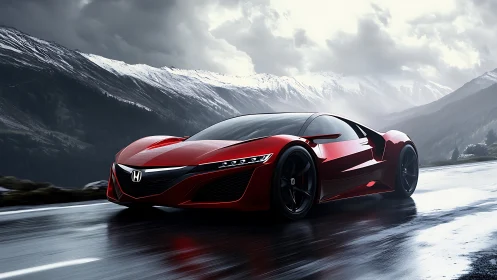 Scarlet supercar hunts horizons on a storm-kissed alpine road.