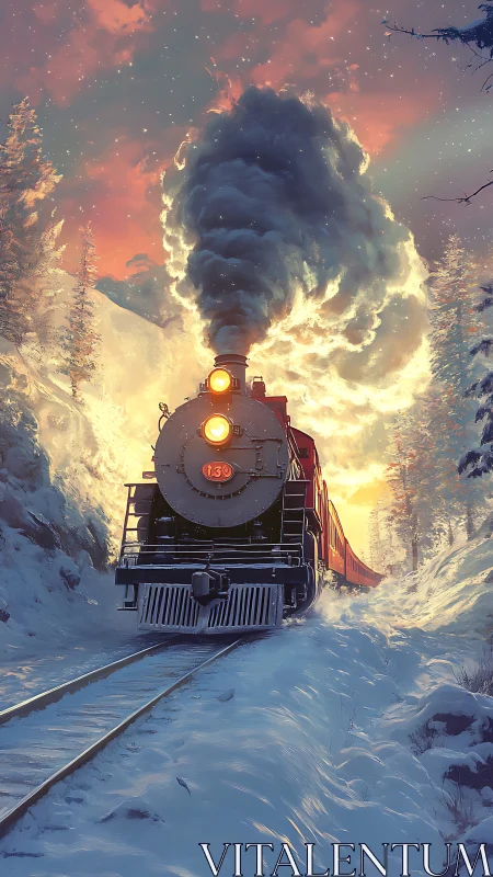 Steam locomotive moves through snowy forest cutting sunlight