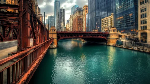 Urban river bridge spans teal water between tall towers