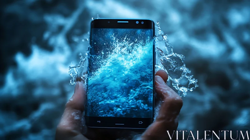 Bold smartphone splashes through vivid blue water in motion
