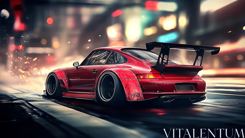 Red tuned sports car drifting through neon city streets.