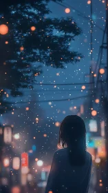 Digital night cityscape with silhouetted figure and bokeh glow.