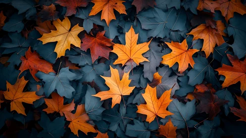 Orange maple leaves on dark blue leafy forest ground.