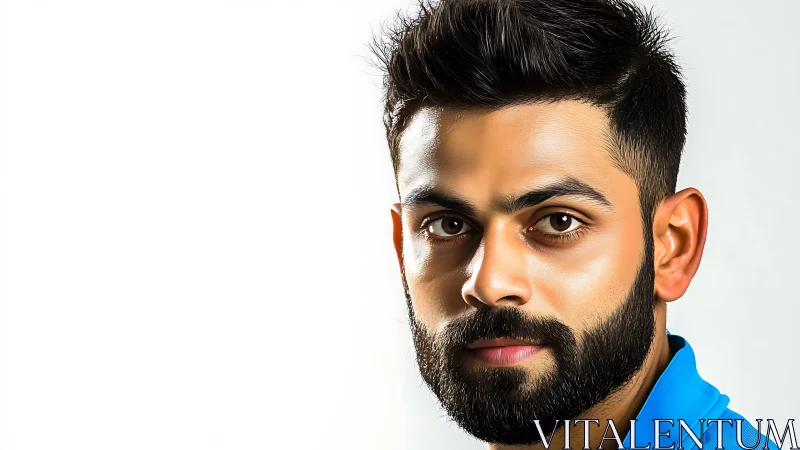 Close-cropped portrait shows young bearded man in blue shirt