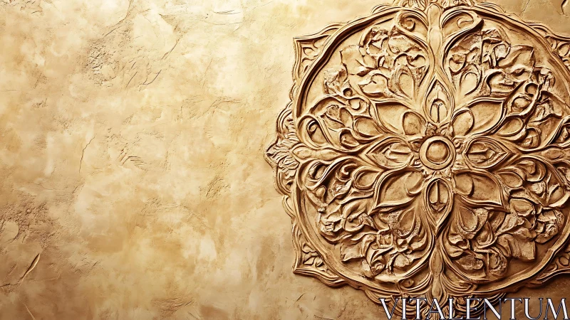 Golden mandala relief blooms on sunlit plaster silence.