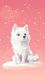 Smiling white puppy sits on pastel pink snowy cloudscape.