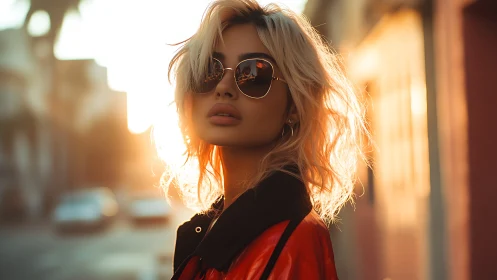 Sunlit blonde portrait in golden-hour urban backlighting.