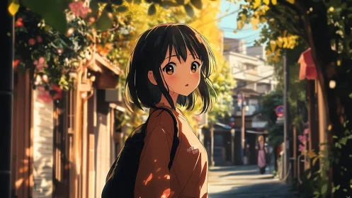 Anime girl with backpack on sunlit quiet city street.