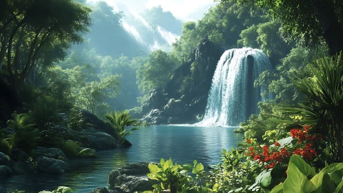 Dense tropical forest surrounds single waterfall over lagoon