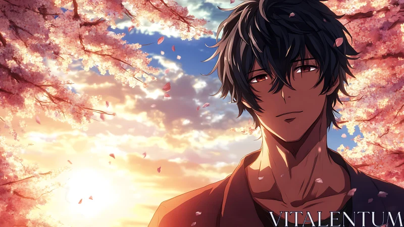 Male anime figure stands under cherry blossoms at sunset