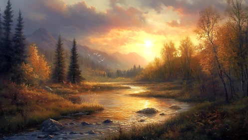 Golden autumn river reflects sunset behind distant peaks