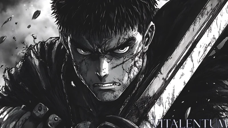 Battle worn swordsman rendered in high contrast manga ink