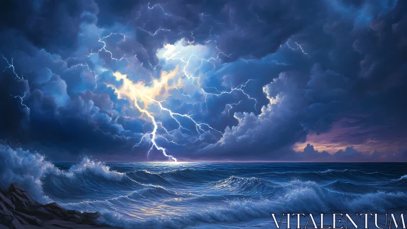 Electric stormlight dances above a restless ocean horizon