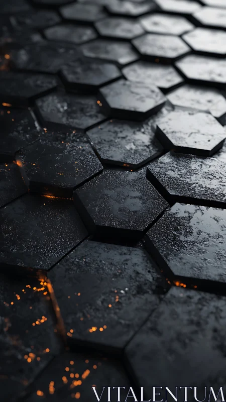 Moody hexagon tiles glowing softly with hidden embers.