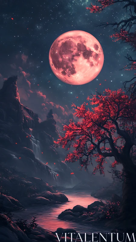 Red-toned full moon above river valley and tree canopy.