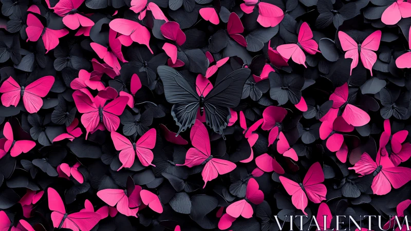 Neon pink butterflies against deep black sculpted wings.