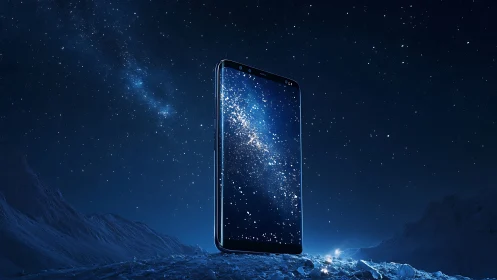 Starfield smartphone portal standing in a frozen midnight sky.