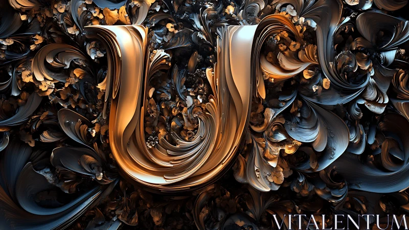 Fractal metallic letter U in swirling volumetric topology.