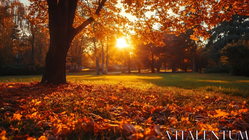 Golden autumn park scene with low sun and fallen leaves.