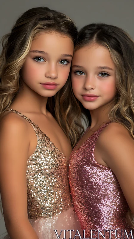 Sparkling sisters pose in sequined dresses, soft studio light.