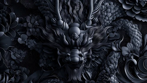 Monochrome ornamental dragon relief with layered floral forms.