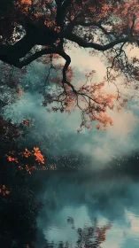 Mist-kissed autumn branches over a hush-blue forest pond.