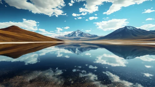 Quiet mountain lake reflects gentle clouds and calm peaks