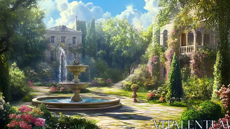 Sunlit manor garden frames central tiered stone fountain