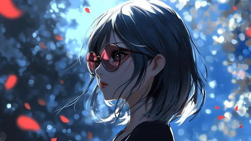 Cool-toned anime girl in red sunglasses amid bokeh light.