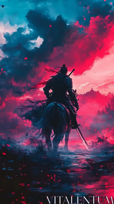Armored lone rider advances through neon storm horizon