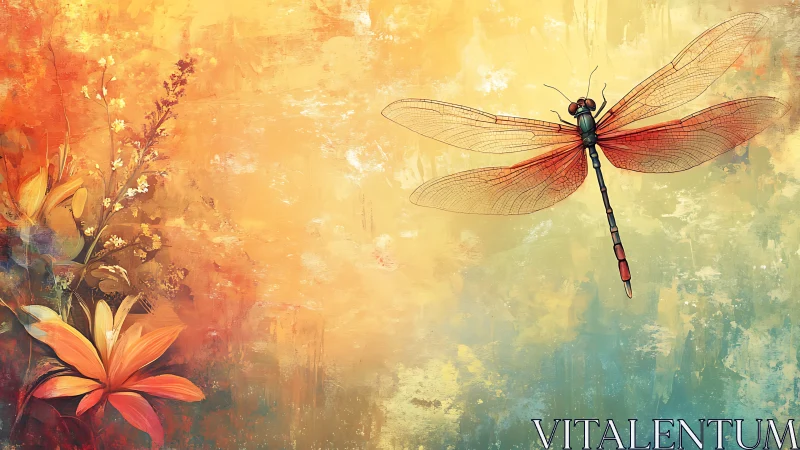 Dragonfly and lilies glide across a luminous abstract sky