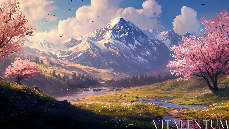Layered alpine valley scene renders snow peaks and cherry bloom