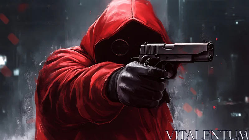 Hooded gunman in crimson coat aims forward in neon haze