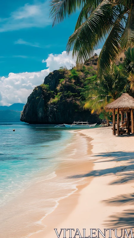 Tropical Coastal Landscape with Rocky Formation and Beach Infrastructure.